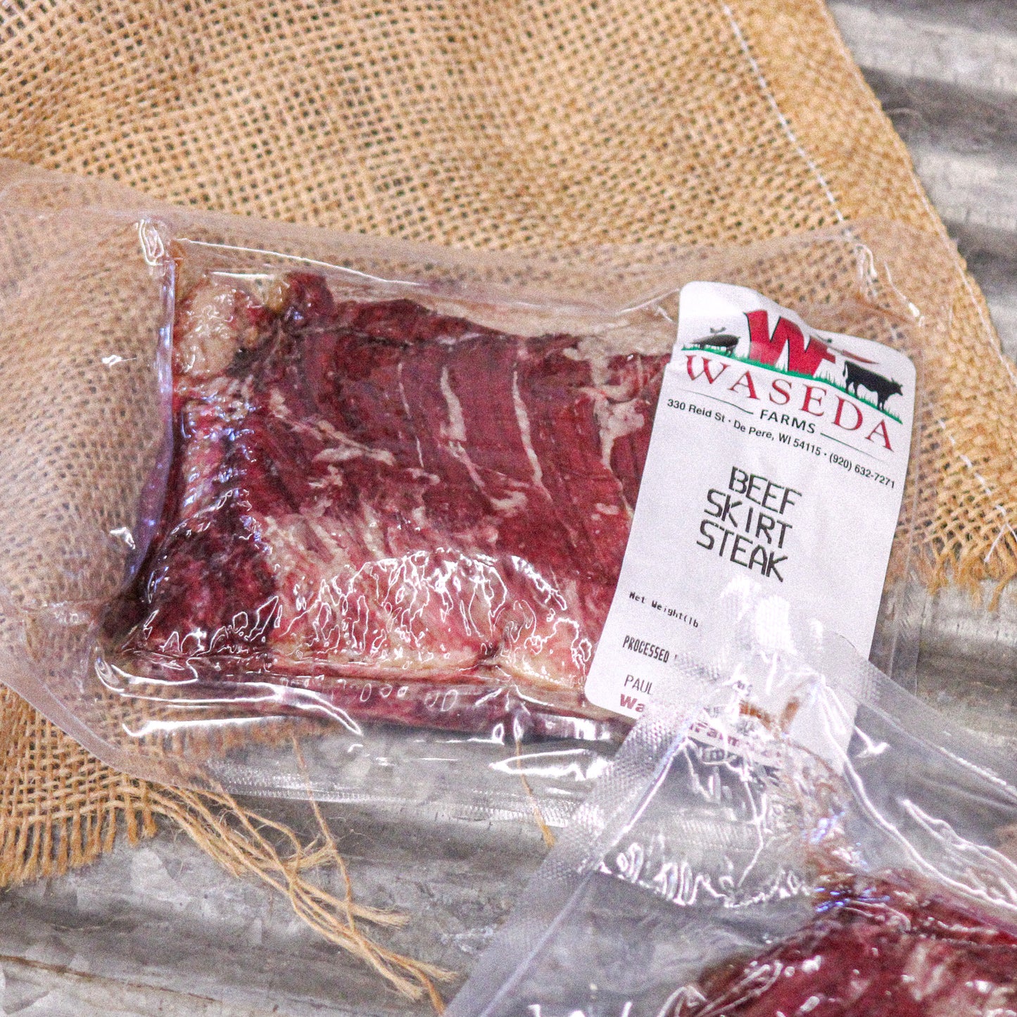 Packaged grass fed skirt steak from Waseda Farms with label